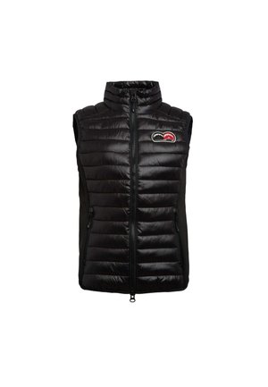 Gilet invernale nero con design a trapunta, colletto alto e chiusura con zip. Presenta tasche laterali e un logo sul petto. Texture morbida.