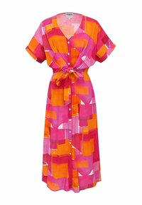 Abito colorato fino al ginocchio con scollo a V, maniche corte, chiusura a bottoni e vita con cintura. Realizzato in tessuto leggero con motivi astratti in rosa e arancione.