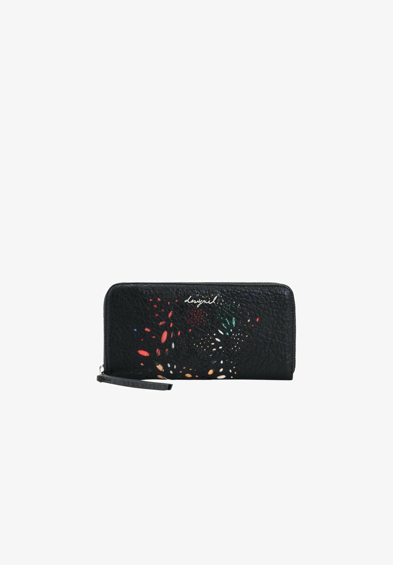 Portafoglio nero testurizzato con ritagli floreali traforati multicolori e cursore della cerniera argento, con logo "desigual".