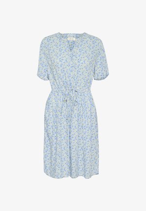 Light blue dress with short sleeves, cinched waist, yellow and blue floral pattern, V-neckline, and gathered skirt.