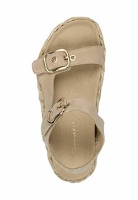 Sandalo beige con due fasce regolabili e fibbie dorate. Suola texturizzata con un design intrecciato di corda. Superficie superiore in tela liscia.