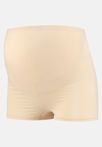 Pantaloni corti premaman beige realizzati in tessuto morbido e elasticizzato, con un design liscio e senza cuciture e una fascia larga per il supporto.