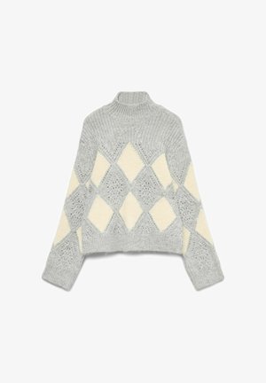 Gray knit sweater with a high neck, featuring a cream diamond pattern. Textured design with loose weave and ribbed cuffs and hem.