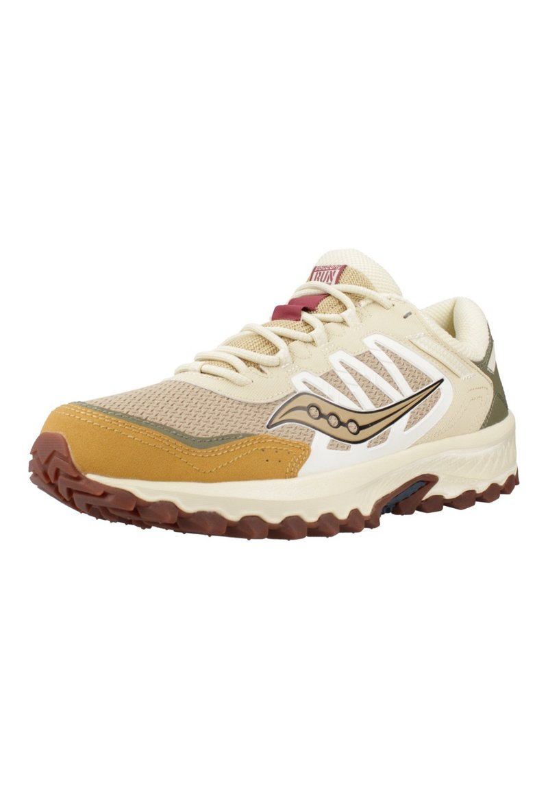 Beige en bruine sportschoen van mesh en suède materialen. Beschikt over een gekartelde zool, contrasterende accenten en een gevoerde tong.