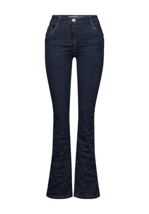 Jeans flare in denim blu scuro con vita aderente, tasche frontali e una finitura testurizzata. Presenta una chiusura con bottone e cuciture a contrasto.