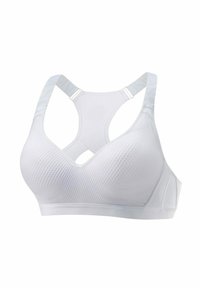 Sterno sportivo bianco con un tessuto testurizzato, design incrociato sulla schiena, spalline regolabili e bordi senza cuciture per il massimo comfort.