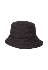 Cappello a secchiello nero trapuntato con un bordo morbido e un piccolo logo metallico rotondo sul lato.