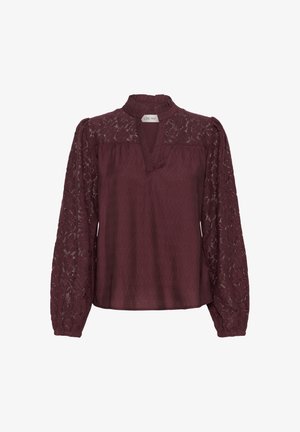 Burgundia pluus kõrge kaelusega, millel on pitsilised pikad varrukad ja kergelt tekstureeritud keha. V-kaeluse disain lisab õrna puudutuse.