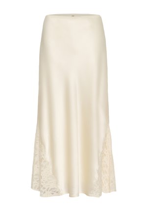 Jupe midi en satin crème avec insertions de dentelle à l'ourlet, présentant une texture lisse et fluide et une taille droite.