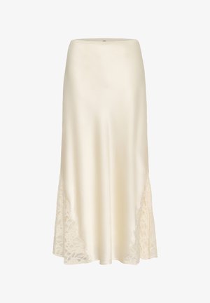 Krēmkrāsas satīna midi svārki ar mežģīņu ieliktņiem apakšā, gluda, plūstoša tekstūra un taisna vidukļa līnija.