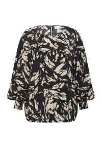 Blouse à motifs noirs et beige avec une coupe décontractée, manches bouffantes et poignets élastiques. Dotée d'un col carré et d'une fermeture éclair au dos.