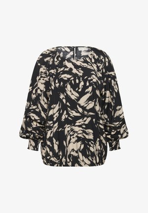 Schwarz-beige gemusterte Bluse mit lockerer Passform, Ballonärmeln und elastischen Bündchen. Verfügt über einen quadratischen Ausschnitt und einen Reißverschluss auf der Rückseite.