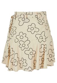 Jupe patineuse à motif floral, en tissu beige avec des contours de fleurs noires, design évasé, taille avec passants pour ceinture, longueur genou.