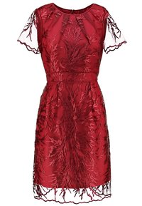 Rotes Kleid mit kurzen Ärmeln, floraler Stickerei auf transparenter Stoff, betontem Taillenschnitt und gewelltem Saum. Strukturierte Details im gesamten Kleid.