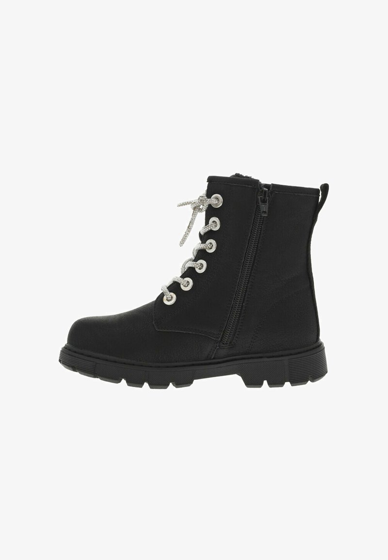 Bottines noires en matière texturée ressemblant à du cuir, œillets en argent, fermeture éclair sur le côté et semelle en caoutchouc robuste.