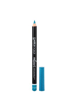 Matita per eyeliner blu con finitura metallizzata, caratterizzata da una punta azzurro chiaro e un corpo nero con testo bianco. Include un cappuccio abbinato glitterato.