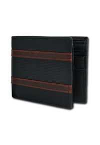 Black leather wallet with a textured surface, featuring two brown horizontal stripes and multiple card slots, including a zippered pocket.