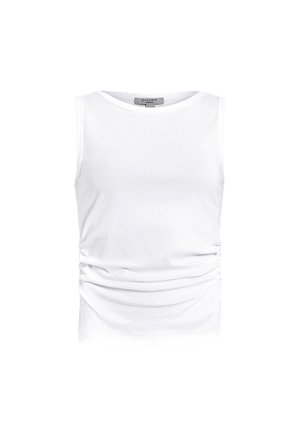 Top senza maniche bianco realizzato in morbido tessuto, con arricciature laterali, scollatura a girocollo e cuciture senza soluzione di continuità per una texture liscia.