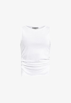 Weißes ärmelloses Top aus weichem Stoff, mit seitlichen Raffung, Rundhalsausschnitt und nahtloser Verarbeitung für eine glatte Textur.