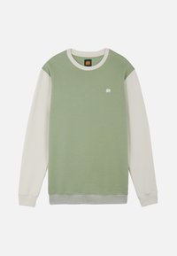 Sweat-shirt vert col rond avec manches longues blanches et petit logo éléphant blanc sur la poitrine.
