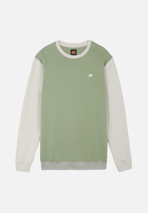 Felpa verde girocollo con maniche lunghe bianche e piccolo logo elefante bianco sul petto.