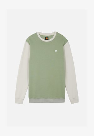 Felpa verde girocollo con maniche lunghe bianche e piccolo logo elefante bianco sul petto.