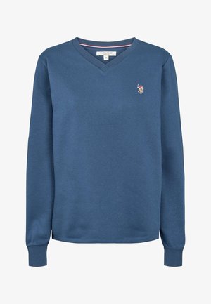 Modrý pulovr z bavlněné směsi s dlouhými rukávy a výstřihem do V. Na levé straně hrudi je vyšitá logo a manžety jsou žebrované.