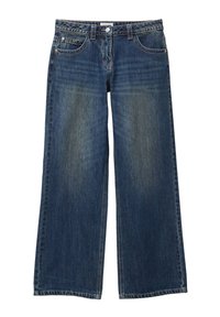 Wijde spijkerbroeken in donkerblauw met een verweerde finish, voorzien van een knoopsluiting, riemlussen en vier zakken. De stof is stevig.