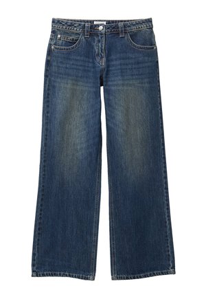Jean denim à jambes larges de couleur bleu foncé avec un effet délavé, doté d'une fermeture par boutons, de passants pour ceinture et de quatre poches. Le textile est robuste.