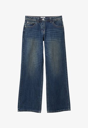 Jean denim à jambes larges de couleur bleu foncé avec un effet délavé, doté d'une fermeture par boutons, de passants pour ceinture et de quatre poches. Le textile est robuste.
