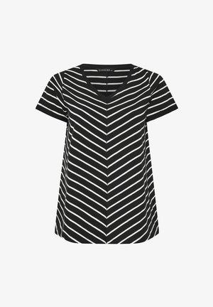 Schwarz-weiß gestreiftes Kurzarmoberteil mit V-Ausschnitt, das diagonale Streifen auf weichem Stoff zeigt und ein Chevron-Muster bildet.