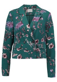 Blazer court bleu sarcelle avec imprimé floral et oiseaux en violet et blanc, doté d'un col à revers, d'une fermeture à double bouton et de deux poches avant.