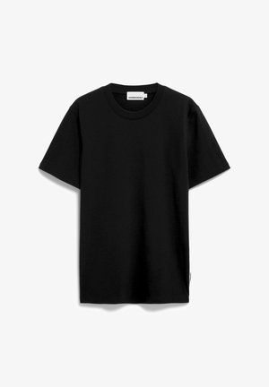 Schwarzes T-Shirt aus weicher Baumwolle. Mit Rundhalsausschnitt und kurzen Ärmeln. Gerader Schnitt ohne Muster oder Akzente. Etikett sichtbar am Saum.