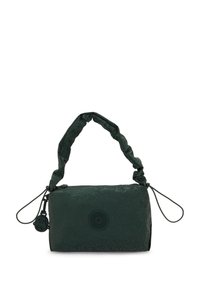 Borsa verde realizzata in materiale testurizzato, con manico arricciato, chiusura con zip e un accent stampato rotondo su un lato.