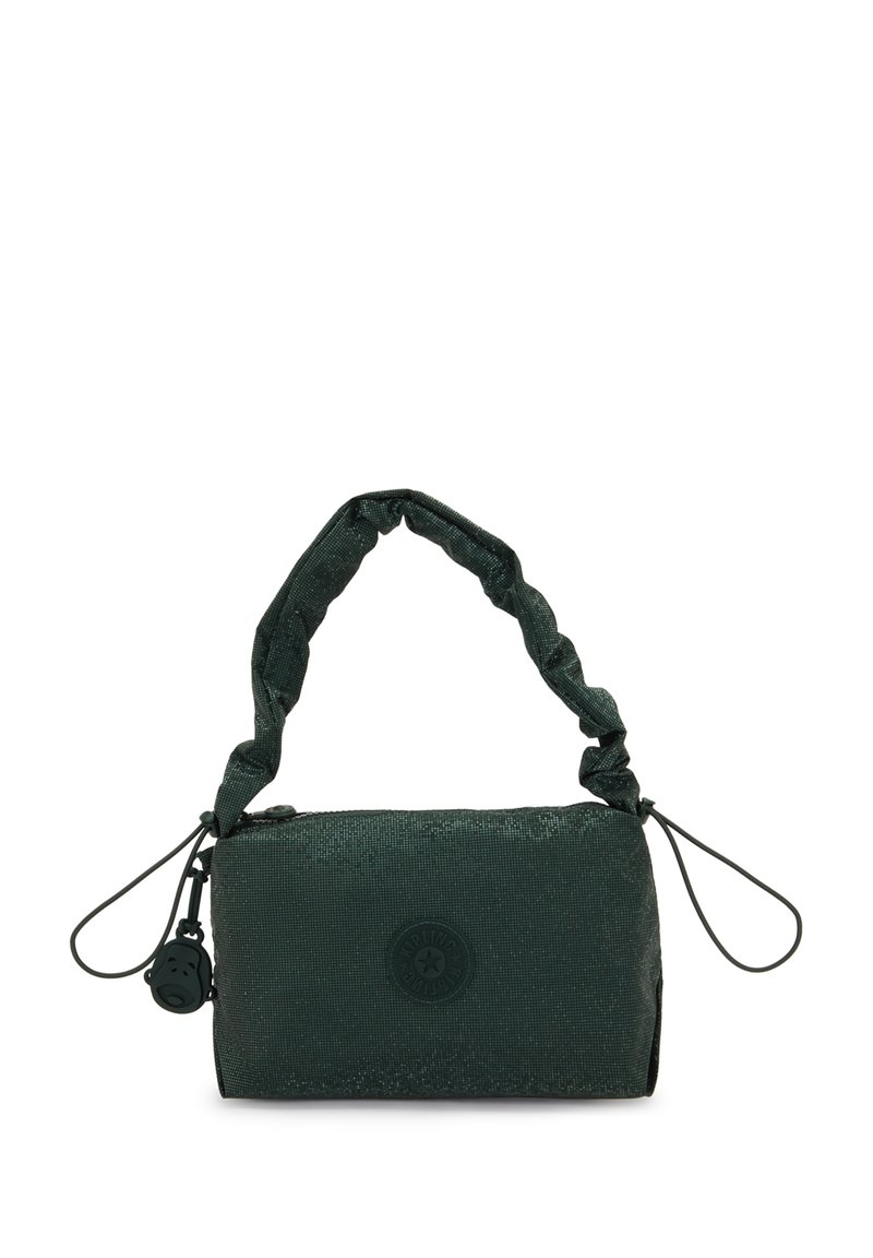 Borsa verde realizzata in materiale testurizzato, con manico arricciato, chiusura con zip e un accent stampato rotondo su un lato.