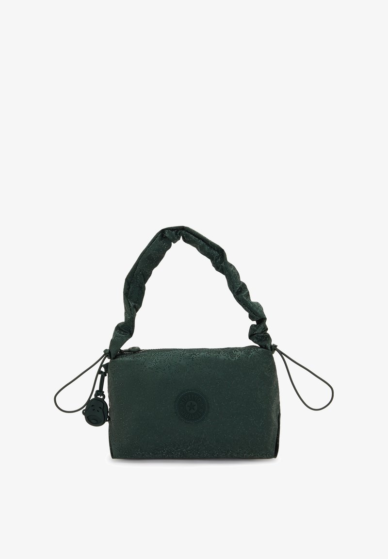 Borsa verde realizzata in materiale testurizzato, con manico arricciato, chiusura con zip e un accent stampato rotondo su un lato.