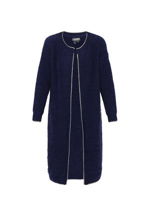 Lange marineblauwe cardigan gemaakt van textuurstof, met een ronde hals, open voorkant en contrasterende lichtgekleurde afwerking langs de randen.