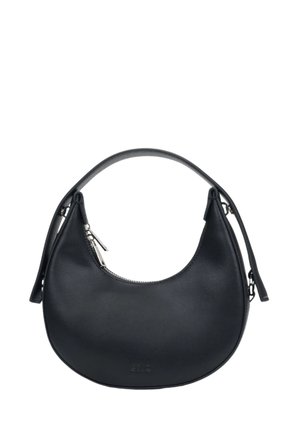 Schwarze Leren Schultertasche mit geschwungenem Design, Reißverschluss und einem einzigen Griff. Hat eine glatte Textur und ein minimalistisches Design.