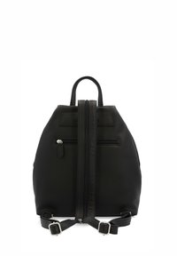 Black leather backpack with a rounded shape, featuring a central zipper and two adjustable straps. Notable details include a front zipper pocket.