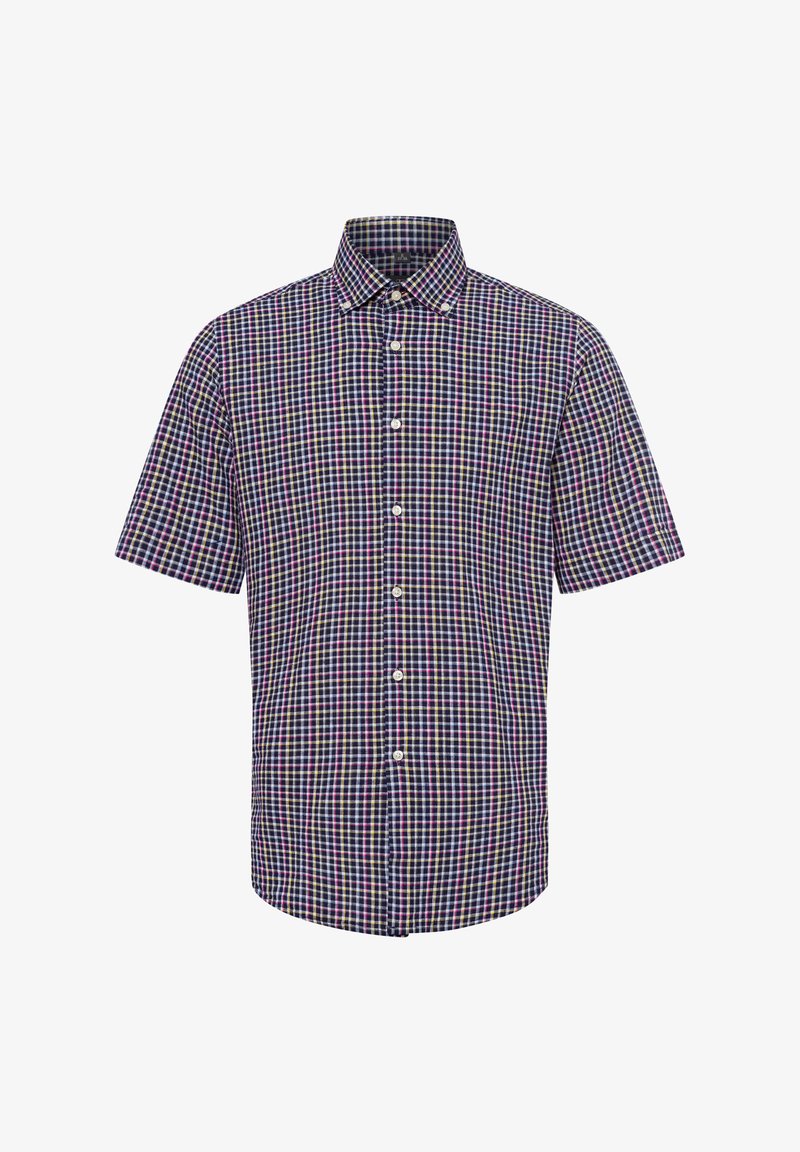 Short-sleeve button-up shirt featuring a blue, red, yellow, and white check pattern, with a spread collar and a relaxed fit.