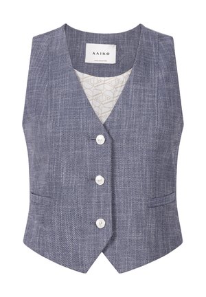 Blauwe textuurvest met een V-halslijn, voorzien van drie zilveren knopen en twee zijzakken. Gevoerd met een geometrisch patroon.