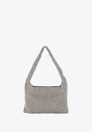 Sac à épaule à motifs noir et blanc au design décontracté, doté d'un tissu texturé et d'une large sangle flexible.