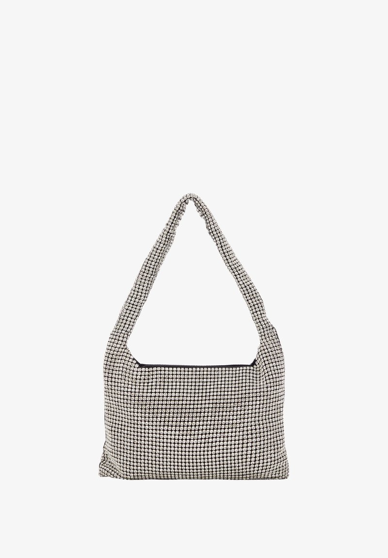 Sac à épaule à motifs noir et blanc au design décontracté, doté d'un tissu texturé et d'une large sangle flexible.
