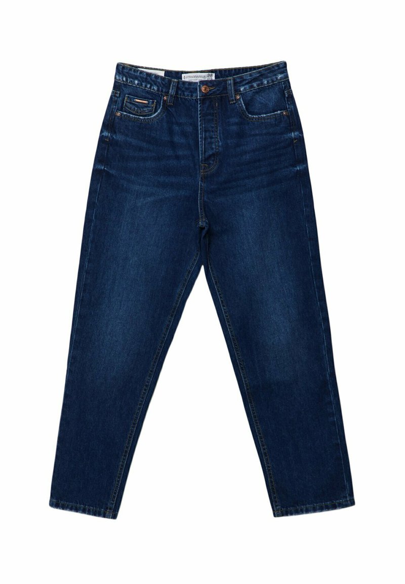 Dunkelblaue Denim-Jeans mit geradem Bein, ausgestattet mit einem klassischen fünf Taschen-Design und einem Knopfverschluss vorne.