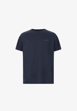 Marineblauwe sport T-shirt met korte mouwen, ronde hals, gemaakt van vochtregulerende stof. Voorzien van een reflecterend logo op de borst en sneldrogende tekst.