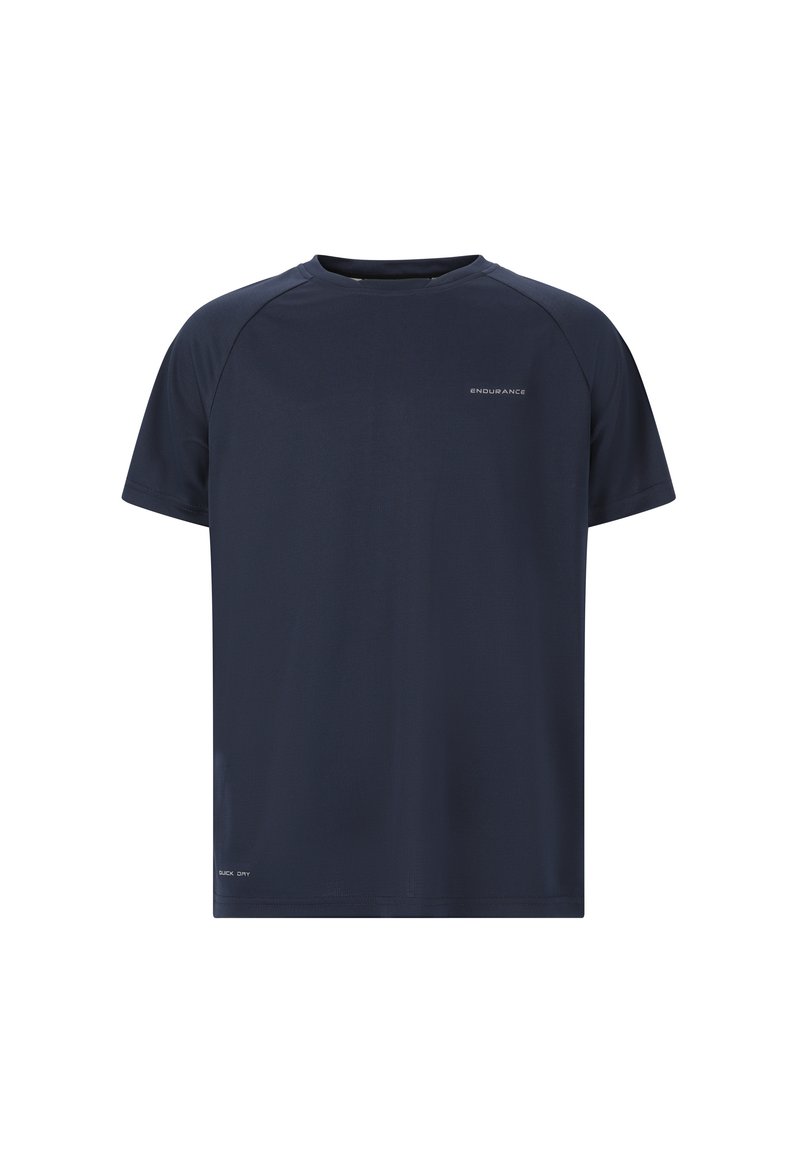 Tummansininen urheilupaita, jossa on lyhyet hihat ja pyöreä kaula-aukko, valmistettu kosteutta siirtävästä kankaasta. Paidassa on heijastava logo rinnassa ja nopeasti kuivuva teksti.