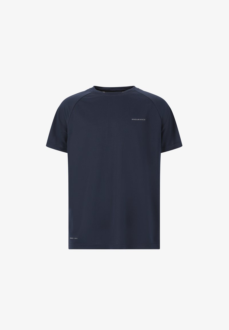 Tummansininen urheilupaita, jossa on lyhyet hihat ja pyöreä kaula-aukko, valmistettu kosteutta siirtävästä kankaasta. Paidassa on heijastava logo rinnassa ja nopeasti kuivuva teksti.