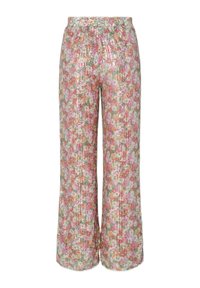 Floral wide-leg pants with a stretchy waistband, featuring a sequin pattern in pink, green, and white hues. Soft fabric texture.