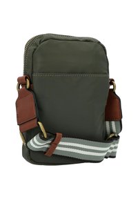 Olivgrüne Nylon-Tasche mit braunen Lederelementen, Reißverschluss, und einem gestreiften, verstellbaren Trageriemen. Glatte Textur und rechteckige Form.