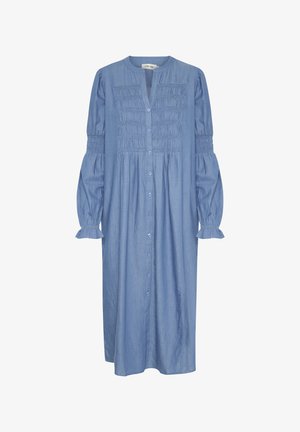 Lys blå, knælang denimkjole med knapfront, plisseret tekstur på livstykket og elastiske puffærmer med flæser. Velvet